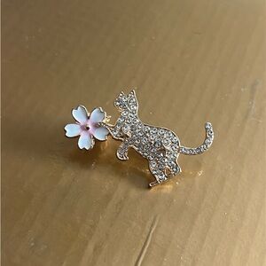 Cat Brooch with Flower and Rhinestones